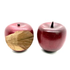 Pair of Large Dark Red Hand Turned Wood Apples One Partially Eaten Faux Fruit